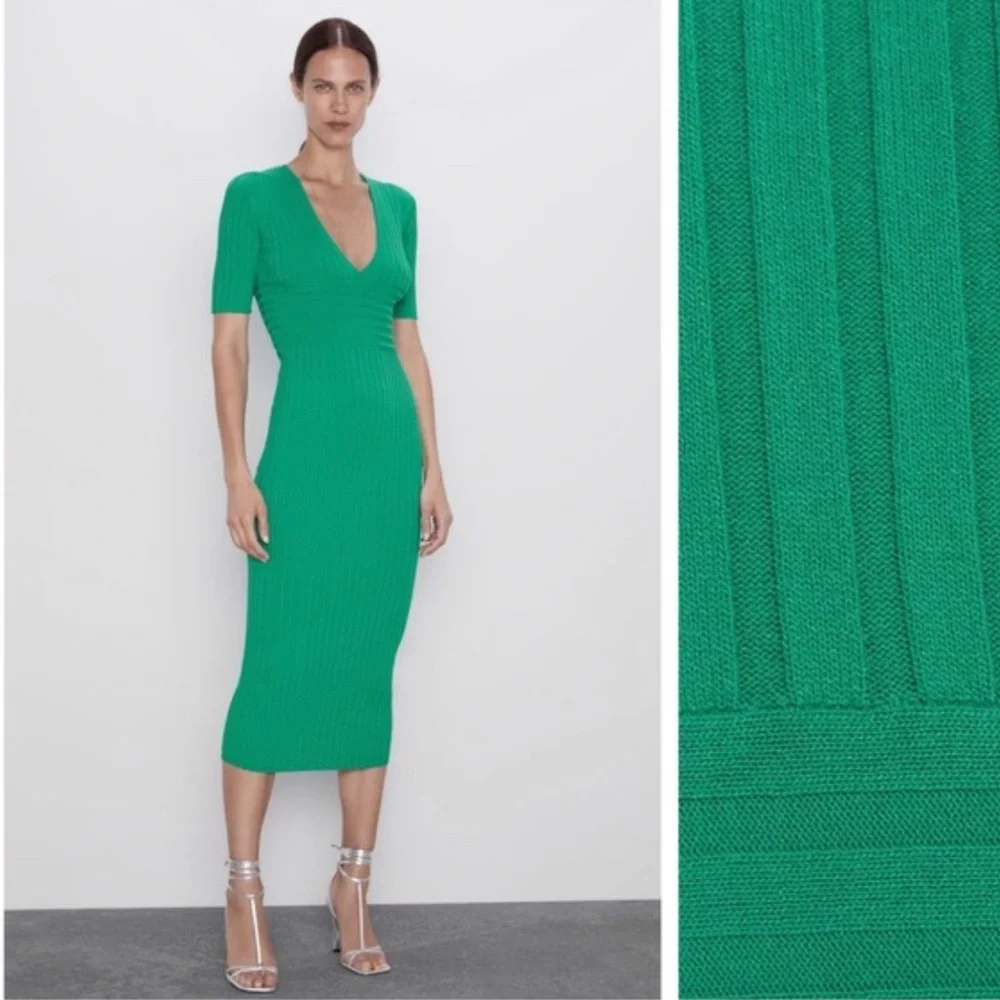 NWT. Zara Green Ribbed Knit Midi Dress. Size M - Picture 1 of 8